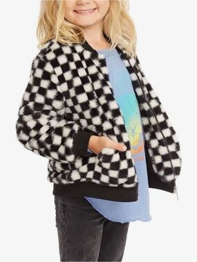 Girls Black & White Checkered Faux-Fur Bomber Jacket
